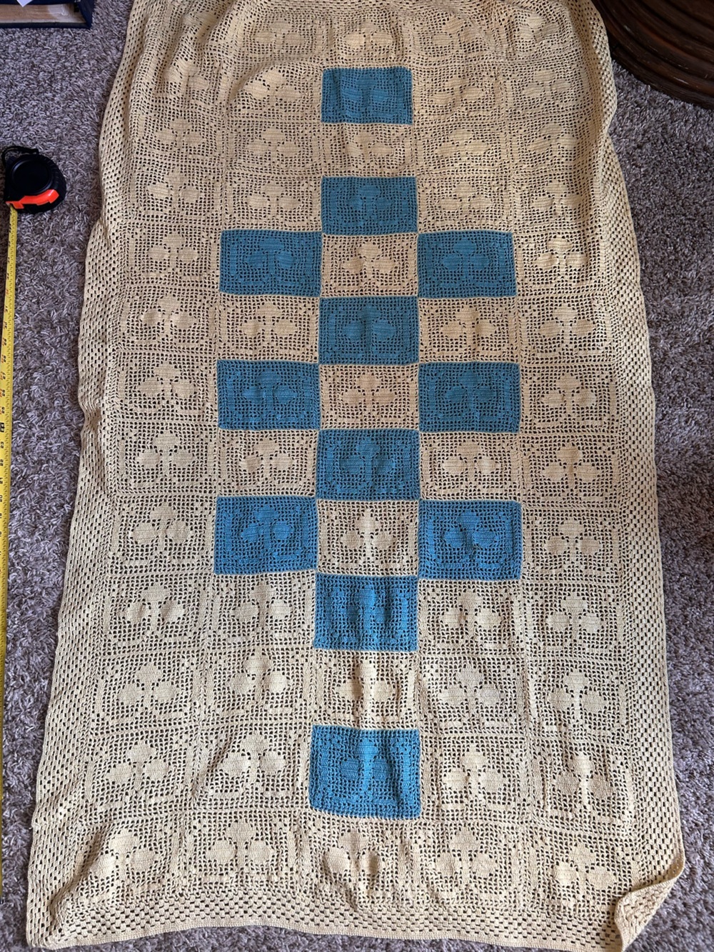 Vintage Handmade Cream and Blue Crochet rectangle tablecloth